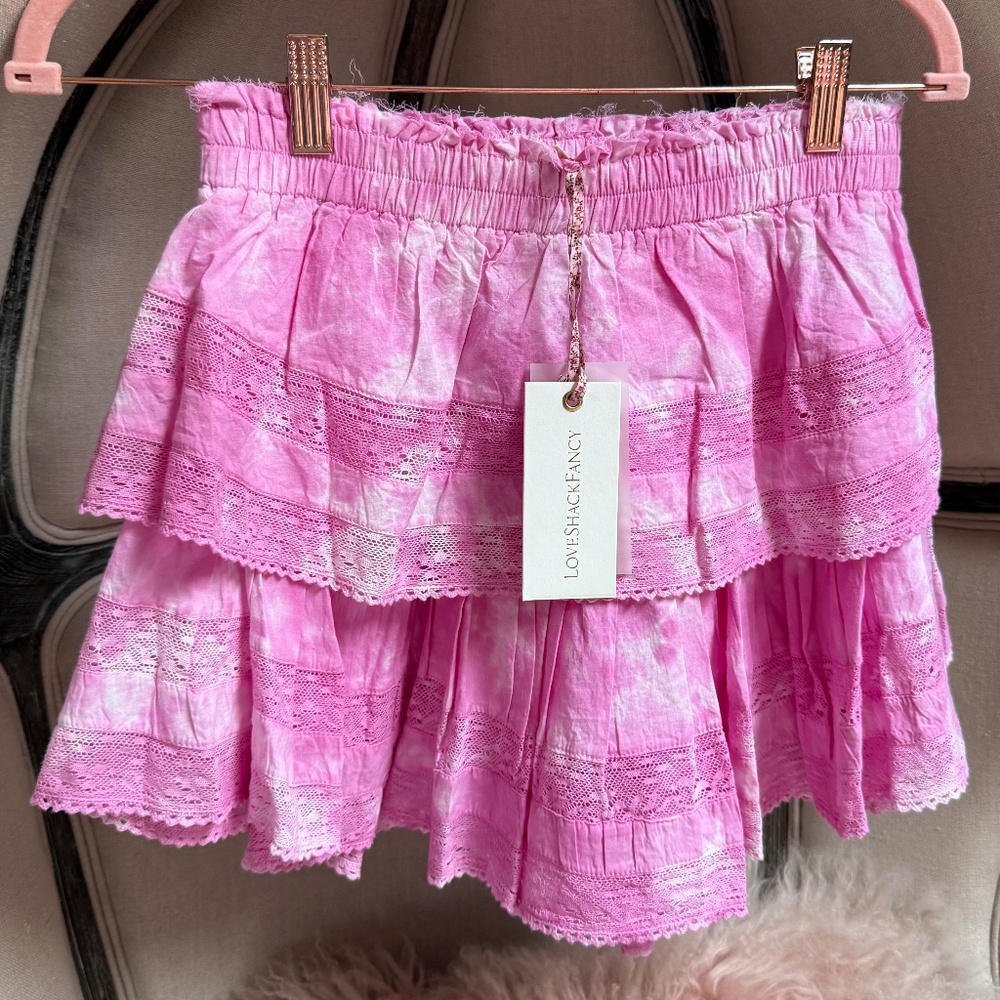 LoveShackFancy Ruffle Mini Skirt Pink Begonia Hand Dye 100% XS NWT Cotton Lace